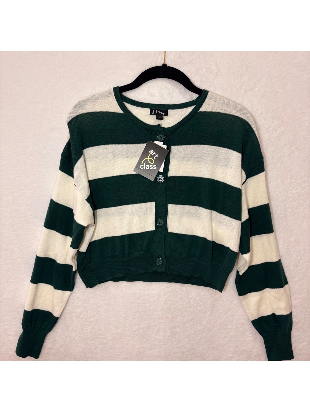 Art Class Girls Large 10/12 Green Ivory Striped Cropped Cardigan NWT Cotton Knit